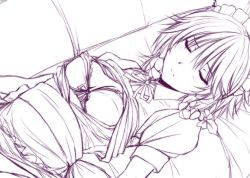 Rule 34 | 1girl, apron, arms at sides, blush, bow, bra, braid, breasts, cleavage, closed eyes, closed mouth, collared shirt, commentary request, couch, dress, hair bow, izayoi sakuya, long hair, lying, maid headdress, monochrome, neck ribbon, nori tamago, on back, on couch, open clothes, open dress, pinafore dress, puffy short sleeves, puffy sleeves, purple theme, ribbon, shirt, short sleeves, sketch, sleeping, sleeveless dress, small breasts, smile, solo, touhou, twin braids, underwear, unfinished, upper body, waist apron