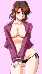 black_panties blush breasts brown_eyes brown_hair kaori_(super_real_mahjong) large_breasts open_clothes open_shirt panties shirt short_hair super_real_mahjong underwear