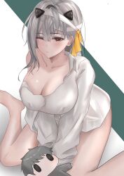 Rule 34 | 1girl, bandaged head, bandages, bare shoulders, breasts, character doll, cleavage, closed mouth, collarbone, commander (nikke), frown, goddess of victory: nikke, grey hair, hair ribbon, highres, large breasts, light blush, long hair, modernia (first affection) (nikke), modernia (nikke), off-shoulder shirt, off shoulder, official alternate costume, raisei0315, red eyes, ribbon, shirt, sidelocks, sitting, solo, white shirt, yellow ribbon