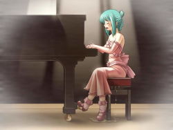 Rule 34 | 1girl, aqua hair, artist request, bow, character request, crying, dress, dripping, closed eyes, gloves, green hair, instrument, medium hair, music, open mouth, peeing, peeing self, piano, pink bow, pink dress, playing instrument, puddle, shoes, sitting, solo, stool, tears, wet, wheel