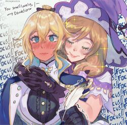 Rule 34 | 2girls, @ @, arm around neck, arm around shoulder, behind another, blonde hair, blush, brown hair, buttons, capelet, center frills, closed eyes, closed mouth, crossed bangs, english text, eyelashes, feathers, frills, full-face blush, genshin impact, gloves, hair between eyes, hat, holding, holding feather, hug, hug from behind, jean (genshin impact), jean (gunnhildr&#039;s legacy) (genshin impact), kiegenshin, light brown hair, lisa (genshin impact), long hair, multiple girls, nervous, nervous sweating, own hands together, purple headwear, smile, sparkle, sweat, trembling, twitter username, upper body, witch hat, yuri