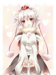 Rule 34 | 1girl, animal ears, blush, breasts, detached sleeves, female focus, hat, heart, heart hands, inubashiri momiji, looking at viewer, red eyes, short hair, solo, tamichan, tokin hat, touhou, white hair, wolf ears