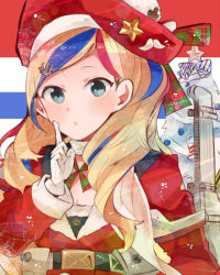 Rule 34 | 10s, 1girl, :o, anchor hair ornament, belt, beret, blonde hair, christmas, christmas ornaments, christmas tree, commandant teste (kancolle), gloves, hair ornament, hat, index finger raised, itomugi-kun, jacket, kantai collection, long hair, looking at viewer, machinery, multicolored hair, open mouth, smokestack, solo, streaked hair, swept bangs, wavy hair, white gloves