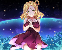 Rule 34 | 1girl, :&gt;, blonde hair, blush, braid, breasts, cleavage, clenched hand, collarbone, cowboy shot, crown braid, dress, green eyes, hair rings, half-closed eyes, hand on own chest, highres, holding own wrist, jewelry, looking at viewer, love live!, love live! school idol festival, love live! sunshine!!, night, ohara mari, outdoors, purple dress, ring, sky, smile, solo, sparkle, star (sky), starry sky, tem10