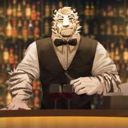 Rule 34 | 1boy, absurdres, alternate costume, animal ears, arknights, bar (place), bartender, black tank top, black vest, bow, bowtie, chain necklace, cup, drinking glass, formal, furry, furry male, highres, male focus, mountain (arknights), necklace, niwan, pants, scar, scar across eye, scar on face, shirt, short hair, sleeves rolled up, smile, solo, tank top, tiger boy, tiger ears, upper body, vest, white fur, white hair, white pants, white shirt, wine glass