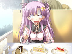 Rule 34 | 1girl, ahoge, anger vein, angry, blush, boy meets girl, cake, choker, constricted pupils, cream, cum, cum on food, dessert, dress, food, fork, frills, game cg, gokkun, hair ribbon, long hair, open mouth, pastry, purple eyes, purple hair, ribbon, shingyouji mao, shintarou, solo, tears, twintails, two side up