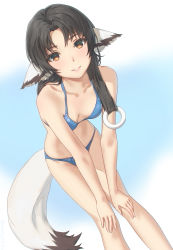 Rule 34 | 1girl, animal ears, bare arms, bare shoulders, bent over, bikini, black hair, blue background, blue bikini, blush, breasts, brown eyes, cleavage, collarbone, dog ears, dog girl, dog tail, dutch angle, eruruu, feet out of frame, gradient background, hands on own knees, highres, long hair, looking at viewer, miura-n315, parted bangs, parted lips, small breasts, smile, solo, standing, swimsuit, tail, utawarerumono, utawarerumono: itsuwari no kamen, very long hair