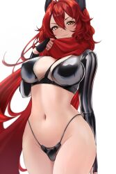 Rule 34 | 1girl, black gloves, black panties, breasts, closed mouth, cowboy shot, fingerless gloves, g-string, gloves, goddess of victory: nikke, hand up, highres, horns, large breasts, long hair, navel, nemo (aeon2801), panties, rash guard, red hair, red hood (nikke), red scarf, scarf, simple background, smile, solo, stomach, thong, underwear, v-shaped eyebrows, very long hair, wavy hair, white background, yellow eyes