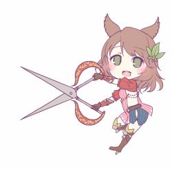 Rule 34 | 10s, 1girl, animal ears, animated, animated gif, bad id, bad pixiv id, breasts, brown hair, chibi, erune, from side, gloves, granblue fantasy, green eyes, hair ornament, hetareeji, la coiffe (granblue fantasy), leaf hair ornament, looking at viewer, md5 mismatch, medium breasts, miniskirt, motion lines, open mouth, puffy sleeves, scissors, short sleeves, skirt, smile, solo, thighhighs