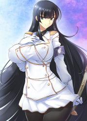 Rule 34 | 1girl, aiguillette, armband, black hair, black legwear, blunt bangs, breasts, buttons, closed mouth, coat, collared shirt, cowboy shot, gloves, green eyes, haganef, hand on own chest, hand up, highres, holding, holding sword, holding weapon, ikaruga (senran kagura), large breasts, legs together, long hair, long sleeves, looking at viewer, military, military uniform, necktie, senran kagura, senran kagura shoujo-tachi no shin&#039;ei, shirt, skirt, smile, solo, sword, uniform, very long hair, weapon, white coat, white gloves, white skirt, wing collar