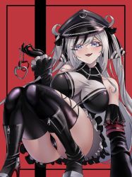 Rule 34 | 1girl, :3, azur lane, bare shoulders, black bow, black footwear, black gloves, black panties, blue eyes, blush, boots, bow, breasts, breasts apart, commentary request, cuffs, detached sleeves, elbe (azur lane), fang, gloves, grey hair, hair bow, handcuff dangle, handcuffs, hat, head tilt, high heel boots, high heels, highres, large breasts, long hair, looking at viewer, open mouth, panties, peaked cap, skin fang, smile, syu.mu, thigh boots, thighhighs, two side up, underwear