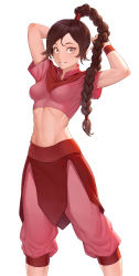 Rule 34 | arms behind head, arms up, avatar: the last airbender, avatar legends, braid, braided ponytail, breasts, brown eyes, brown hair, capri pants, cheshirrr, commentary, highres, long hair, looking at viewer, medium breasts, midriff, navel, pants, parted lips, pink pants, ponytail, short sleeves, simple background, smile, solo, standing, stomach, ty lee, white background, wristband