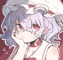 Rule 34 | 1girl, bare shoulders, blush, choker, collarbone, commentary request, ear piercing, flying sweatdrops, hair between eyes, hand up, hat, head rest, highres, light purple hair, looking at viewer, mob cap, outline, piercing, pointy ears, portrait, red background, red choker, red eyes, remilia scarlet, short hair, slit pupils, solo, sweat, touhou, white hat, white outline, zizi niisan
