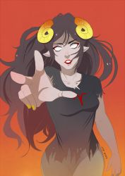 Rule 34 | 1girl, aradia megido, black hair, colored skin, grey skin, homestuck, horns, jin-nyeh, lipstick, long hair, looking at viewer, makeup, open mouth, outstretched arm, pointy ears, skirt, solo, torn clothes, torn skirt, white eyes
