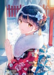 Rule 34 | 1girl, backlighting, black hair, braid, braided bun, brown eyes, commentary request, copyright request, day, earrings, feather boa, fingernails, floral print, flower, hair bun, hair flower, hair ornament, hiten (hitenkei), japanese clothes, jewelry, kimono, looking at viewer, obi, outdoors, own hands clasped, own hands together, pink kimono, praying, print kimono, sash, short hair, single hair bun, snow, solo, updo, wide sleeves, winter