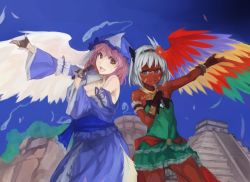Rule 34 | 2girls, asatsuki (cookie), aztec, bare shoulders, black gloves, black hairband, blue eyes, blue kimono, blue sky, breasts, brown gloves, bug, butterfly, cleavage, commentary request, cookie (touhou), cowboy shot, dark-skinned female, dark skin, dress, facepaint, feathered wings, feathers, fingerless gloves, flower, game console, gloves, green dress, hair flower, hair ornament, hairband, hat, hitodama, holding, holding microphone, insect, japanese clothes, kimono, konpaku youmu, long sleeves, looking at viewer, mesoamerica, microphone, mob cap, multicolored wings, multiple girls, nuppehofu (nibuta), obi, olmec head, open mouth, outstretched arm, pink eyes, pink hair, pyramid (structure), red flower, saigyouji yuyuko, sash, sega, sega dreamcast, short hair, silver hair, single wing, sky, smile, standing, strapless, strapless dress, touhou, triangular headpiece, vvan (cookie), wavy hair, white wings, wide sleeves, wings