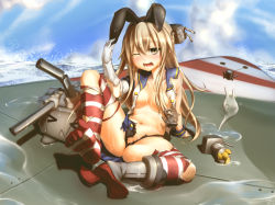 Rule 34 | 10s, 1girl, anchor, black panties, blonde hair, breasts, censored, convenient censoring, elbow gloves, feet, gloves, hair ornament, hairband, highleg, highleg panties, highres, kantai collection, long hair, navel, panties, rensouhou-chan, shimakaze (kancolle), shoes, single shoe, skirt, socks, soles, striped clothes, striped thighhighs, thighhighs, toe scrunch, toes, torn clothes, torn panties, underwear, yui hiroshi
