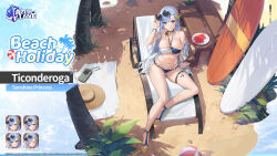 Rule 34 | 1girl, adjusting eyewear, arm rest, azur lane, ball, bare shoulders, beach, beach chair, beachball, bikini, black choker, blue bikini, blue eyes, blue footwear, blue hair, blush, bracelet, breasts, chair, character name, choker, cleavage, closed mouth, collarbone, commentary, copyright name, day, english commentary, english text, expressions, eyewear on head, flower, food, from above, fruit, full body, gluteal fold, hair flower, hair ornament, halterneck, hand on eyewear, hat, unworn headwear, high heels, highres, jewelry, large breasts, legs, logo, long hair, looking at viewer, looking up, lounge chair, mole, mole on thigh, multi-strapped bikini, multicolored bikini, multicolored clothes, navel, o-ring, o-ring bikini, official alternate costume, official art, outdoors, palm tree, plate, platform footwear, promotional art, sand, see-through, see-through sleeves, shadow, sitting, skindentation, smile, solo, stomach, straw hat, string bikini, sun hat, sunglasses, surfboard, swimsuit, table, thigh strap, thighs, ticonderoga (azur lane), ticonderoga (sunshine princess) (azur lane), tomohiro kai, tree, two-tone bikini, watermelon, watermelon slice, white bikini