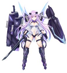 Rule 34 | absurdres, adult neptune, bare shoulders, bimmy, bodysuit, boots, breasts, cleavage, cleavage cutout, clothing cutout, gloves, gun, hair between eyes, hair ornament, hairclip, highres, large breasts, long hair, navel, neptune (neptunia), neptune (series), purple eyes, purple hair, see-through, simple background, smile, solo, sword, thigh strap, thighs, very long hair, weapon, white background, wings