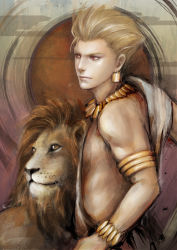 Rule 34 | 1boy, animal, blonde hair, bracelet, earrings, fate/stay night, fate/zero, fate (series), gilgamesh (fate), ikinari, jewelry, lion, male focus, official alternate costume, realistic, solo, toga, topless male, yellow eyes