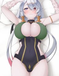 Rule 34 | 1girl, armlet, armpits, arms up, atelier (series), atelier ryza, atelier ryza 1, black leotard, blue eyes, blush, breasts, cleavage, cleavage cutout, closed mouth, clothing cutout, colored skin, covered navel, cowboy shot, crossed bangs, frown, gradient hair, grey hair, hair between eyes, hair ornament, hairclip, heterochromia, hinata masaki, large breasts, legs together, leotard, lila decyrus, long hair, looking at viewer, lying, multicolored hair, on back, pillow, pink hair, raised eyebrows, red eyes, side cutout, skin tight, solo, white skin