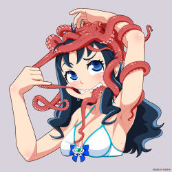 Rule 34 | 10s, 1girl, artist name, bikini, bikini top only, blue eyes, blue hair, breasts, brooch, clenched teeth, heart, heart brooch, heartcatch precure!, jewelry, kurumi erika, long hair, mama cure, matching hair/eyes, octopus, precure, purple background, simple background, small breasts, solo, swimsuit, teeth, tentacles