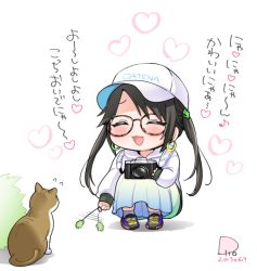 Rule 34 | 1girl, :d, ^ ^, afterimage, animal, baseball cap, black hair, blue skirt, blush, brown-framed eyewear, bush, camera, cat, cattail, chibi, closed eyes, clothes writing, commentary request, copyright request, dated, earrings, eighth note, flip (diiolive), flying sweatdrops, glasses, hat, heart, holding, holding camera, hood, hood down, hoodie, hoop earrings, jewelry, long hair, long sleeves, musical note, open mouth, plant, pleated skirt, purple footwear, shoes, signature, skirt, sleeves past wrists, smile, sneakers, socks, solo, squatting, translated, twintails, very long hair, white background, white hat, white hoodie, white socks
