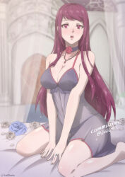 Rule 34 | 1girl, absurdres, bare legs, bare shoulders, bed sheet, black nightgown, blue flower, blue rose, blush, breasts, choker, cleavage, commission, female focus, fire emblem, fire emblem engage, flower, highres, ivy (fire emblem), jewelry, large breasts, lingerie, long hair, looking at viewer, matching hair/eyes, mole, mole under mouth, negligee, nightgown, nintendo, on bed, open mouth, panties, petals, purple eyes, purple hair, ring, rose, rose petals, see-through, solo, tak0baka, thighs, twitter username, underwear, wedding ring, white flower, white rose