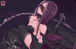 Rule 34 | 1girl, alternate costume, ass, backless dress, backless outfit, black dress, black gloves, black thighhighs, blindfold, breasts, cleavage, dagger, dress, elbow gloves, fate/stay night, fate (series), gloves, knife, lace, large breasts, long hair, medusa (fate), medusa (rider) (fate), nekomimipunks, parted lips, pinned, purple hair, solo, thighhighs, very long hair, weapon