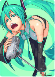 Rule 34 | 1girl, aqua hair, ass, bad id, bad pixiv id, bent over, black panties, butt crack, d:, hatsune miku, long hair, microphone, microphone stand, open mouth, panties, solo, thighhighs, underwear, very long hair, vocaloid, yuuji (and)