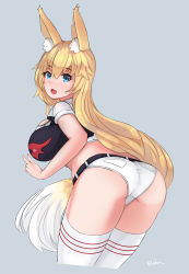 Rule 34 | 1girl, :d, animal ears, ass, back, belt, blonde hair, blue eyes, breasts, ehrrr, fox ears, highres, large breasts, long hair, looking at viewer, looking back, midriff, open mouth, original, short shorts, shorts, smile, solo, thighhighs, very long hair, white thighhighs