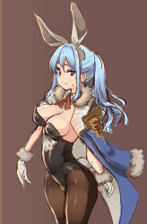 Rule 34 | 10s, 1girl, animal ears, black pantyhose, blue eyes, blue hair, blush, breasts, brown background, cleavage, detached collar, fake animal ears, gloves, granblue fantasy, jacket, jacket on shoulders, leotard, long hair, matching hair/eyes, pantyhose, playboy bunny, ponytail, rabbit ears, simple background, societte (granblue fantasy), solo, sweatdrop, therese (granblue fantasy), thomasz, white gloves