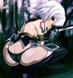 Rule 34 | 1girl, arm belt, ass, bandaged arm, bandages, black gloves, black panties, black thighhighs, bodypaint, boots, breasts, butt crack, closed mouth, crop top, dual wielding, eyebrows, eyelashes, fate/apocrypha, fate/grand order, fate (series), fingerless gloves, forest, from above, frown, full body, gloves, glowing, glowing eyes, gradient eyes, green eyes, hair between eyes, holding, holding weapon, jack the ripper (fate/apocrypha), looking at viewer, md5 mismatch, multicolored eyes, nature, no pants, outstretched arms, panties, resized, scar, scar across eye, scar on face, shimejinameko, short hair, single glove, sleeveless, small breasts, solo, string panties, thigh boots, thighhighs, underwear, weapon, white hair