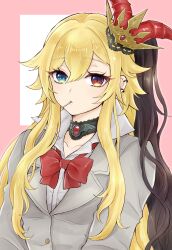Rule 34 | 1girl, absurdres, bat ornament, blonde hair, bow, bowtie, brown hair, choker, closed mouth, collarbone, collared shirt, commentary, crown, ear piercing, ellie (housamo), gem, green eyes, hair between eyes, hair ornament, heterochromia, higemaccho, highres, horns, jacket, long hair, looking at viewer, mini crown, multicolored hair, piercing, pink background, red bow, red bowtie, red eyes, red gemstone, red horns, school uniform, shirt, simple background, solo, tokyo houkago summoners, two-tone hair, upper body