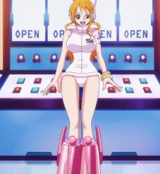 Rule 34 | 1girl, bare legs, breasts, brown eyes, curvy, egghead island, highres, hooded leotard, large breasts, legs, leotard, log pose, long hair, nami (one piece), nami (one piece) (egghead), one piece, orange hair, revealing clothes, shiny skin, shoulder tattoo, smile, tattoo, third-party edit, toei animation, very long hair, white leotard, wide hips