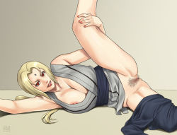 Rule 34 | 1girl, armpits, azasuke, blonde hair, bottomless, breasts, censored, cleavage, female pubic hair, huge breasts, large breasts, leaning, leg lift, leg up, lipstick, long hair, lying, makeup, mosaic censoring, nail polish, naruto, naruto (series), nipple slip, nipples, no bra, on side, open clothes, open shirt, presenting, pubic hair, pussy, red eyes, shirt, smile, solo, thick thighs, thighs, tsunade (naruto), wind