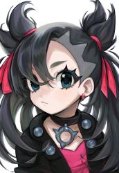 Rule 34 | 1girl, :/, absurdres, asymmetrical bangs, black choker, black hair, black jacket, choker, closed mouth, creatures (company), dress, earrings, flat chest, game freak, grey background, grizzace, hair ribbon, highres, jacket, jewelry, long hair, looking at viewer, marnie (pokemon), nintendo, pink dress, pink ribbon, pokemon, pokemon swsh, ribbon, simple background, solo, twintails, upper body