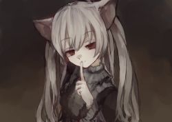 Rule 34 | 1girl, @ @, animal ears, black dress, cat ears, closed mouth, dress, empty eyes, eyebrows, hair between eyes, hand up, highres, index finger raised, long hair, long sleeves, nora cat, nora cat channel, red eyes, smile, solo, two side up, upper body, virtual youtuber, white hair, yagumi (1174-w)