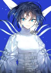 Rule 34 | :|, androgynous, artist name, belt, black hair, blue background, blue eyes, closed mouth, corset, gender request, long sleeves, looking at viewer, original, shirt, short hair, solo, sukja, upper body, white shirt, wide sleeves