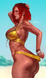 Rule 34 | 1girl, aleriia v, artist name, ass, beach, bikini, blurry, blurry background, bracelet, breasts, brown eyes, butt crack, commentary, commission, dark-skinned female, dark skin, dreadlocks, english commentary, from side, gradient hair, hand on own head, highres, jewelry, large breasts, multicolored hair, open mouth, original, patreon username, profile, pulling own clothes, red hair, sand on skin, solo, swimsuit, teeth, upper teeth only, wedgie, wet, whistle, yellow bikini