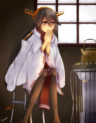 Rule 34 | 10s, 1girl, bad id, bad pixiv id, breathing on hands, cold, commentary, hairband, haruna (kancolle), headgear, heater, indoors, jacket, kantai collection, kettle, long hair, military jacket, own hands together, scarf, signature, sitting, solo, stool, suohachi, thighhighs, window