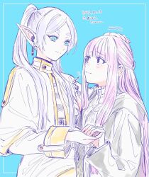 Rule 34 | 2girls, animal ears, black robe, blue background, blue eyes, commentary request, dated, fern (sousou no frieren), frieren, grey hair, hand on another&#039;s head, headpat, highres, holding hands, multiple girls, pointy ears, purple eyes, purple hair, robe, smile, sound effects, sousou no frieren, tearing up, tears, thick eyebrows, translation request, twintails, twitter username, white robe, yuri kyanon