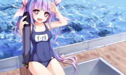 Rule 34 | 10s, 1girl, :d, absurdres, covered navel, fangs, fish, hagi (ame hagi), hair ribbon, highres, i-19 (kancolle), kantai collection, long hair, looking at viewer, one-piece swimsuit, open mouth, purple hair, red eyes, ribbon, school swimsuit, sitting, smile, solo, star-shaped pupils, star (symbol), swimsuit, symbol-shaped pupils, torpedo, twintails, water