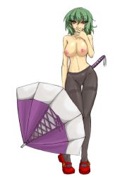 Rule 34 | 1girl, breasts, colored pubic hair, contrapposto, curvy, enoko (zqfebi), female focus, female pubic hair, green hair, hand to own mouth, kazami yuuka, large breasts, legs, looking at viewer, mary janes, narrow waist, navel, nipples, no panties, pantyhose, pubic hair, red eyes, seductive smile, shoes, short hair, smile, solo, standing, thigh gap, thighband pantyhose, topless, touhou, tsurime, umbrella, wide hips