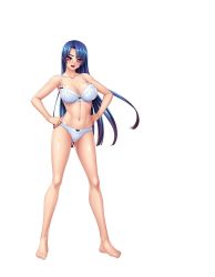 Rule 34 | 00s, 1girl, bare shoulders, barefoot, blue hair, blush, bra, breasts, curvy, female focus, full body, gradient hair, hands on own hips, happy, heart, heart-shaped pupils, highres, kagami hirotaka, large breasts, lilith-soft, long hair, looking at viewer, multicolored hair, official art, open mouth, panties, red eyes, shiny skin, simple background, smile, solo, standing, symbol-shaped pupils, taimanin (series), taimanin asagi, taimanin asagi zero, taimanin murasaki, underwear, white background, yatsu murasaki