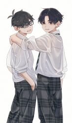 Rule 34 | 2boys, arm around shoulder, arm at side, black hair, blue eyes, collared shirt, earrings, feet out of frame, glasses, grey pants, grey shirt, grin, hand in pocket, highres, jewelry, long sleeves, looking at viewer, looking back, mi (pic52pic), multiple boys, necktie, original, pants, parted bangs, plaid, plaid pants, red eyes, school uniform, shirt, shirt partially tucked in, short hair, simple background, sleeves rolled up, smile, standing, striped necktie, untucked shirt, white background, white shirt