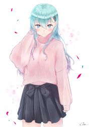 Rule 34 | 1girl, aqua eyes, aqua hair, arm at side, blue skirt, blush, breasts, collarbone, hair between eyes, hair ornament, hair over shoulder, hairclip, hand in own hair, highres, kantai collection, long hair, long sleeves, looking at viewer, oversized clothes, petals, pink sweater, signature, simple background, skirt, smile, solo, standing, suzuya (kancolle), sweater, turtleneck, yukai nao