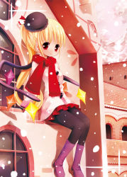 Rule 34 | 1girl, bad id, bad pixiv id, blonde hair, cat bell (artist), catbell, coat, female focus, flandre scarlet, hat, highres, outdoors, pantyhose, ponytail, red eyes, sky, solo, embodiment of scarlet devil, touhou, wings