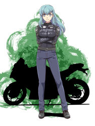 Rule 34 | 1girl, blue eyes, blue hair, breasts, clothes writing, contrapposto, crossed arms, grey footwear, hair ornament, hairclip, ishii hisao, jacket, kantai collection, large breasts, leather, leather jacket, legs apart, long sleeves, looking at viewer, motor vehicle, motorcycle, pants, shoes, smile, solo, standing, suzuya (kancolle)