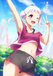 Rule 34 | 1girl, ;), arashi chisato, artist name, artist request, bare legs, black shorts, black tank top, blue sky, blush, breasts, building, check translation, city, cloud, cloudy sky, collarbone, commentary request, day, double bun, female focus, floating hair, hair bun, hair tie, highres, long hair, looking at viewer, love live!, love live! school idol festival, love live! superstar!!, nail, nail polish, one eye closed, outdoors, parted lips, pink nails, pink nails, red eyes, red shirt, shirt, short shorts, short sleeves, shorts, sky, small breasts, smile, solo, sunlight, sweat, sweatdrop, tank top, translated, translation request, tree, twintails, undershirt, v, wavy hair, white hair, wink